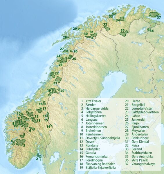 Mapa de los parques Nacionales de Noruega