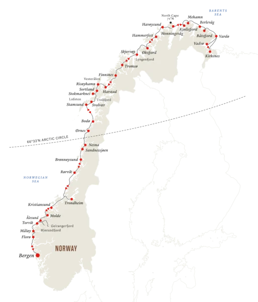 Rutas de Hurtigruten en la costa de Noruega