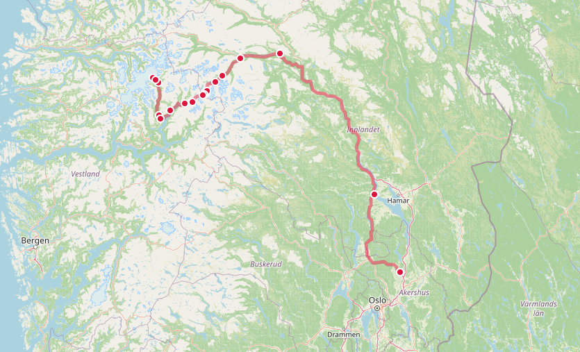Mapa del road Trip Noruega Oslo - Nogardsbreen