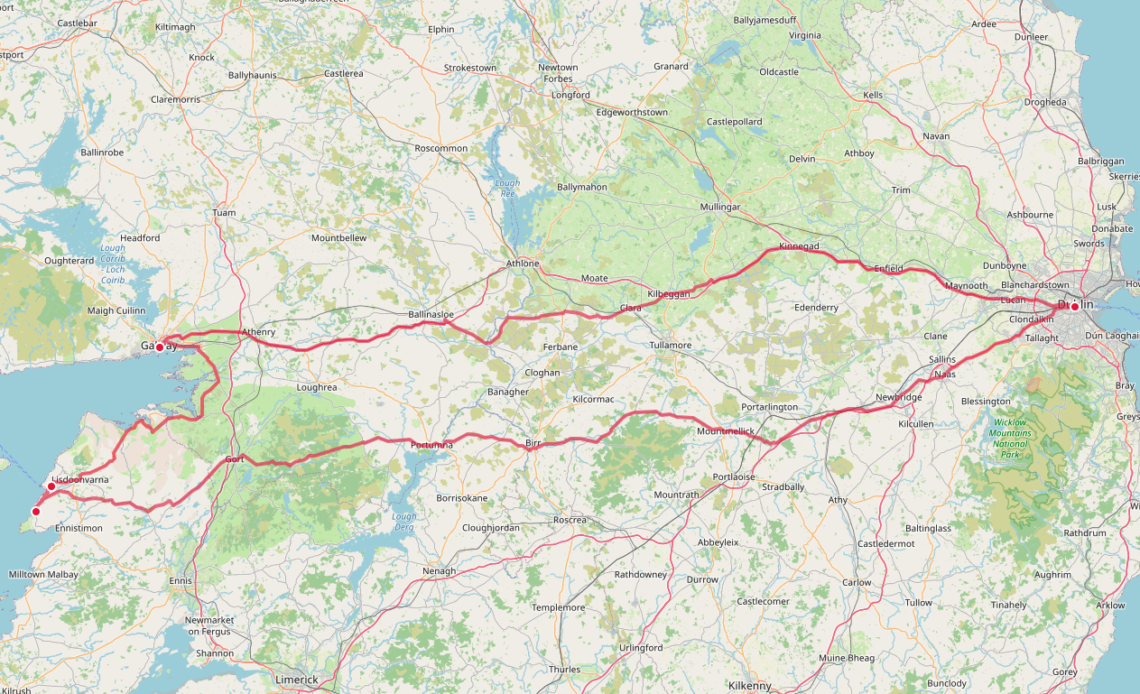 Mapa del road trip Dublín - Moher -Galway