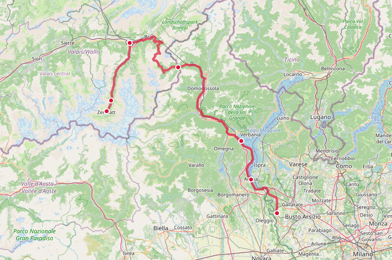 Mapa del road trip para llegar a Zermatt, el icónico pueblo del Matterhorn, desde el aeropuerto de Milan Malpensa.